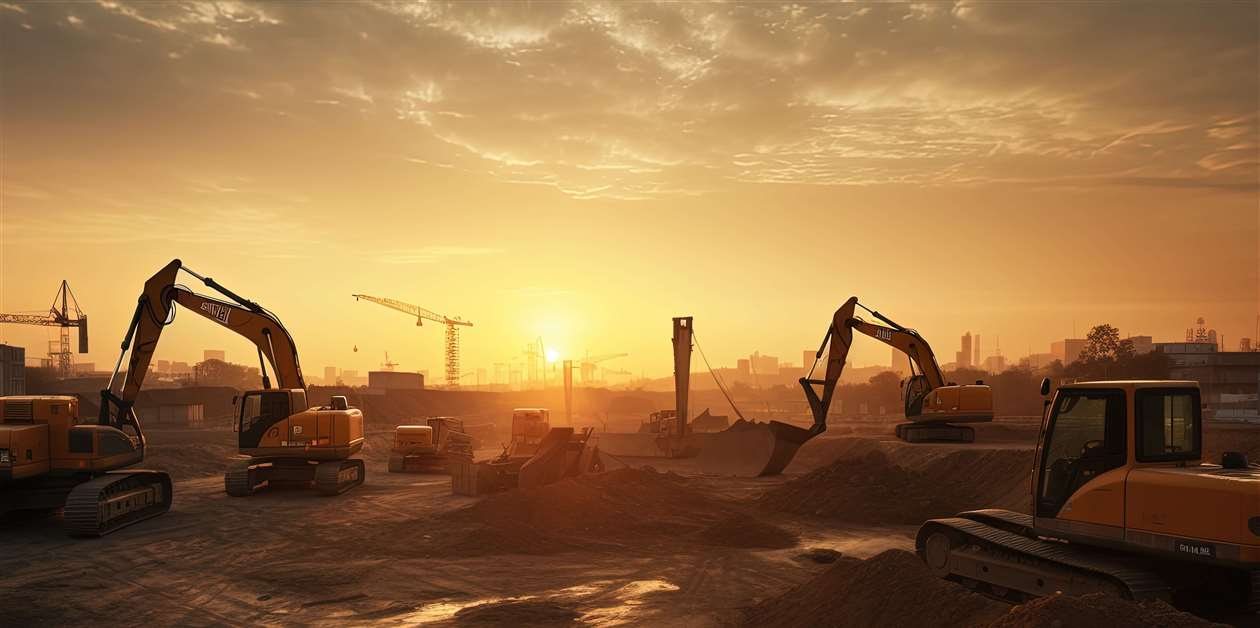 SPENCA construction division earthmoving fleet working on an infrastructure site at sunset